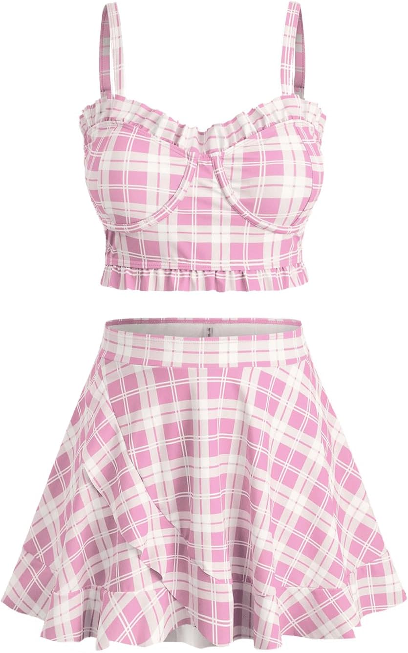 ROSE GAL Plus Size Ruffles Flounce Padded Plaid Three Piece Skirt Tankini Swimsuit