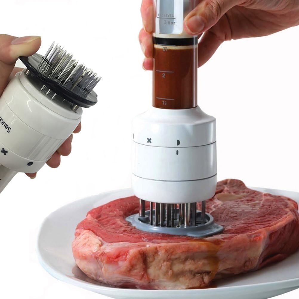 Meat Tenderizer & Meat Flavor Injector Spice Steak 2 in 1 Kitchen Gadget with 30 Ultra Sharp Needle Blade （3 Injection Needle Pinhole） 3 Oz Marinade Syringe