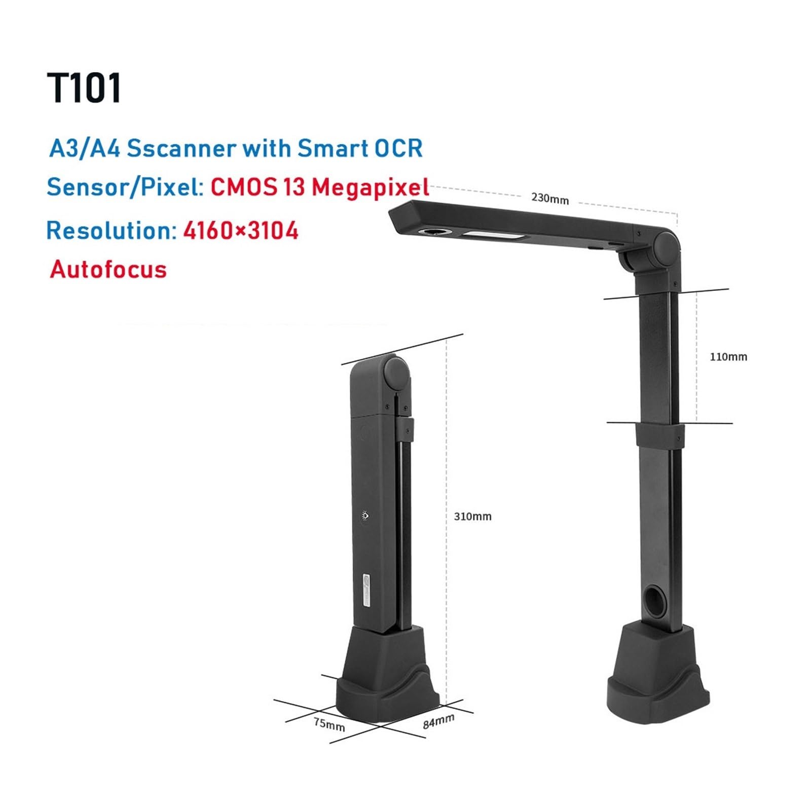 Scanner per Documenti, Scanner for libri Scanner for documenti automatico T101, formato massimo A4 A3 con lampada da tavolo a LED Smart OCR for ufficio domestico di famiglia(T101)