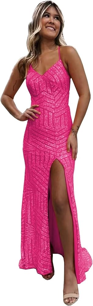 Amazon.com: Mollyevers Mermaid Sequin Prom Dresses for Women 2023 Spaghetti  Strap V Neck Formal Evening Dress with Slit Hot Pink Size 2 : Clothing,  Shoes & Jewelry