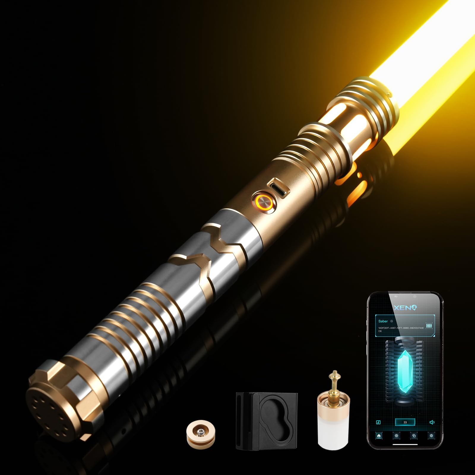 Upgrade Smooth Swing XRGB 3.0 Light Saber, Motion Control Light Saber, 16 Set Sound Fonts, Infinite Color Changing, Rechargeable Meatl Hilt Light Sabers, Belt Clip and Blade Plug Toy Tools-Gold