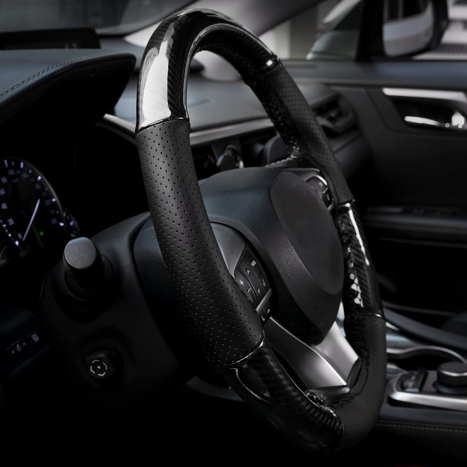 Cubre Volante Coche 38cm 15 "Negro Brillante Fibra Carbono Moda Deporte Cosido Mano Protector Volante Antideslizante Cuero Trenzado Coser DIY Interiores Coche Volante Coche Protección