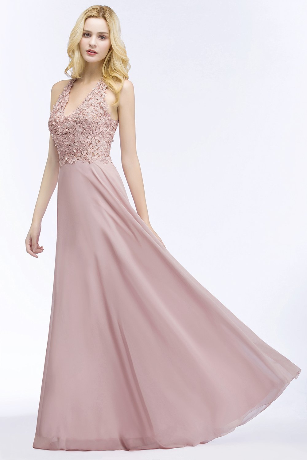 Misshow Robe Femme Longue Demoiselle d'honneur avec Dentelle Florale Vintage Maxi pour Cérémonie
