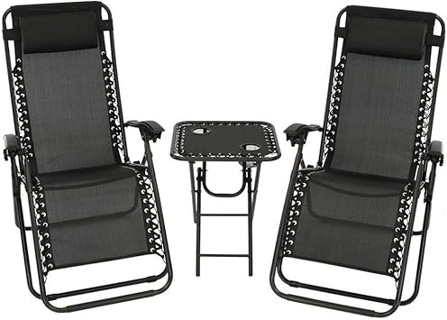 Akari 3 pcs Set Deluxe 2-Pack Zero Gravity Chairs & Folding Table w/Cup Holder Set 3 pcs set Pure-Black