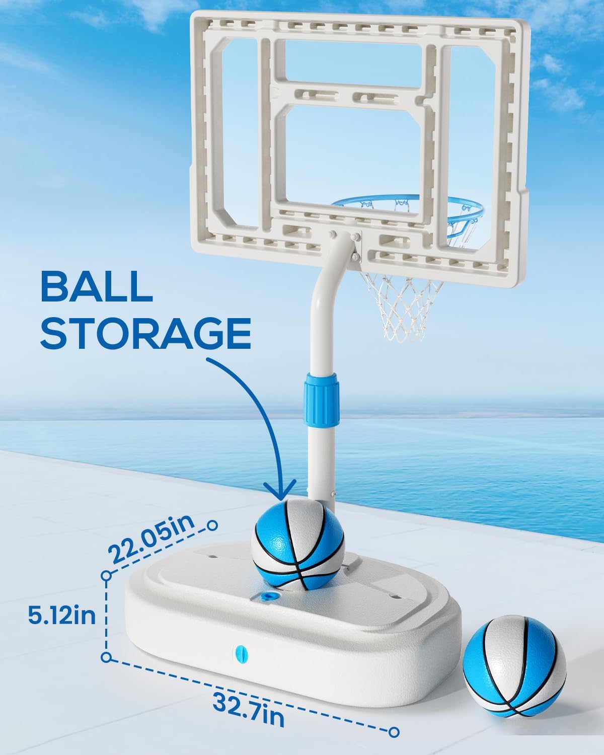 Pool Basketball Hoop, Adjustable Swimming Pool Basketball Goal, Stainless Steel Poolside Hoop with 32" Shatterproof Backboard, Portable Pool Basketball Set, 2 Balls & Pump Included