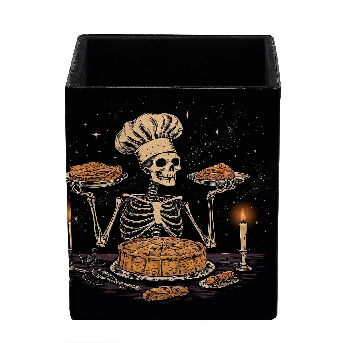 HEOEH Gothic Skeleton Pen Holder Pen Pot, Square Pencil Cup for Desk