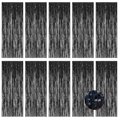 10 Pack Black Foil Curtain Backdrop 3.2ft x 9.8ft Metallic Tinsel Foil Fringe Curtains Streamer Photo Booth Backdrop for Birthday Party Engagement Bachelorette Party Decorations - Sparkle Black