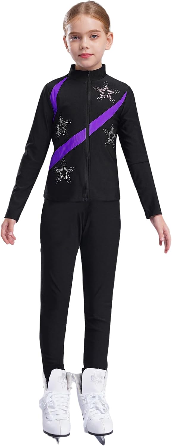 iiniim Kids Girls Figure Skating Outfit Shiny Ice Skating Zipper Jacket with Athletic Leggings Set Performance Dancewear