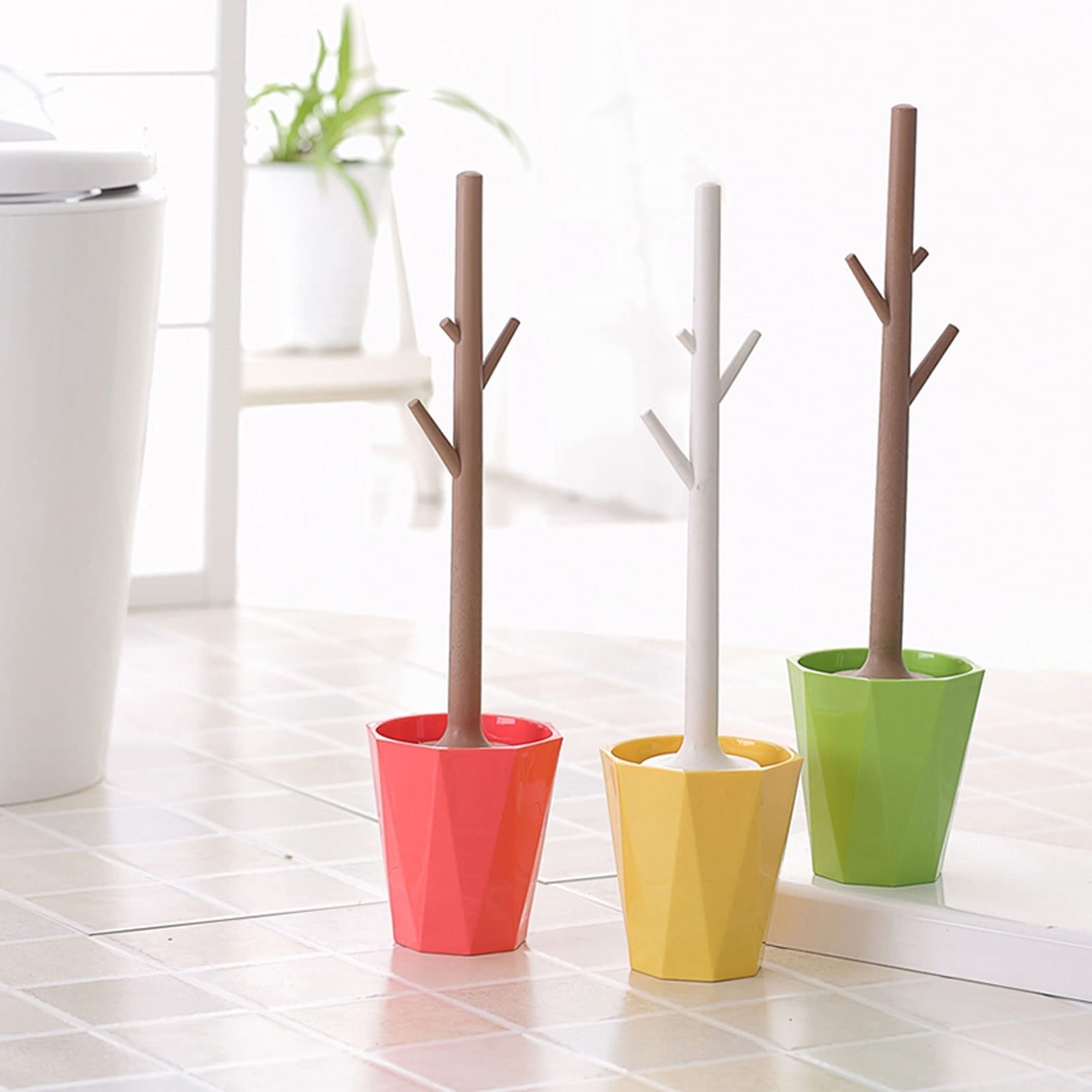 Uchwyt na szczotkę toaletową Szczotka do WC, Kształt gałązki Szczotka do WC Modne Akcesoria Łazienkowe Plastikowy Uchwyt Na Szczoteczkę Do Wc Długi Uchwyt Łatwy do Czyszczenia Zielony Czerwony Żółty U