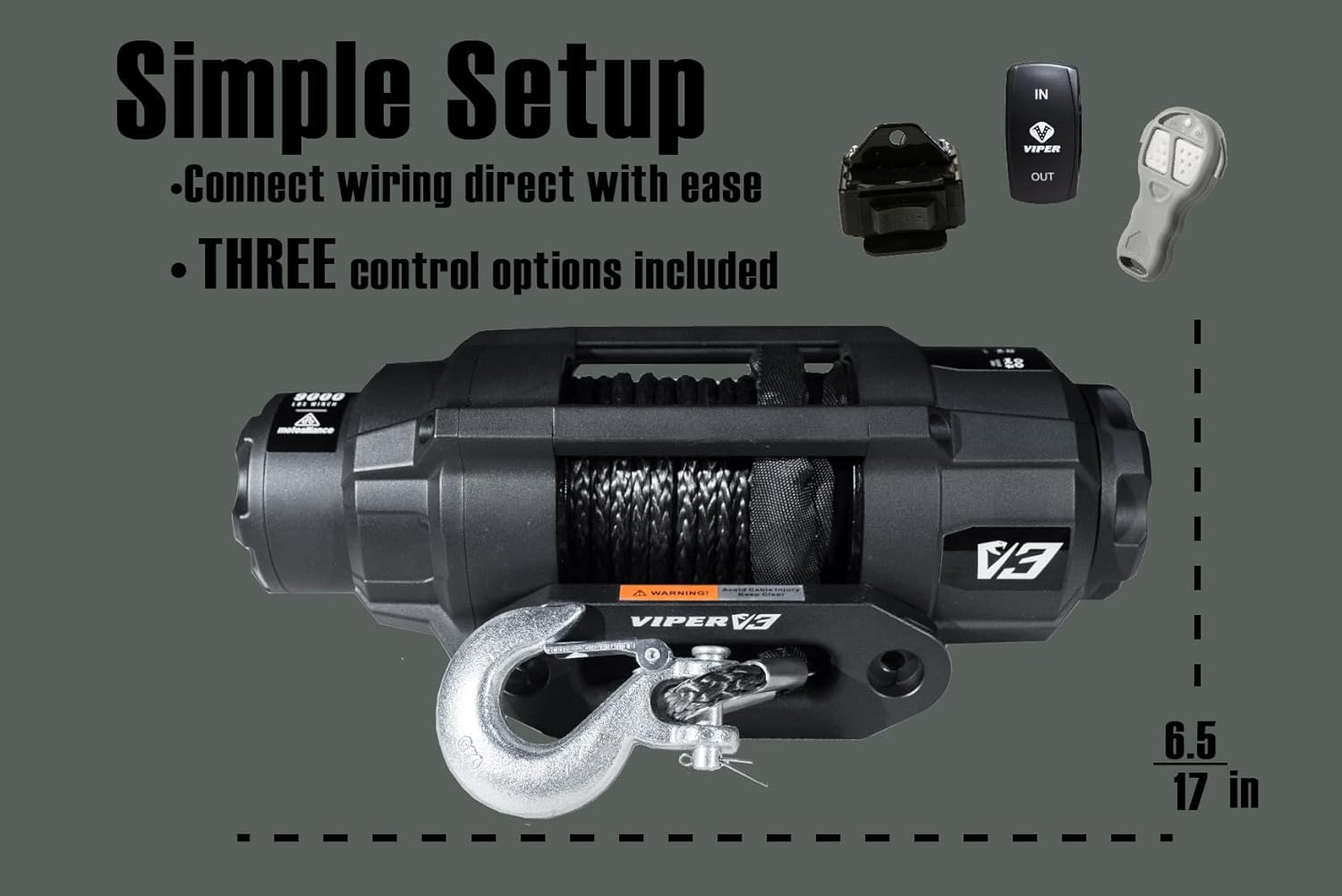 VIPER V3 9000lb UTV/ATV Military Grade Winch with 40 feet Black Synthetic Rope. Wireless & IP68 Waterproof. USA Powersports Company.