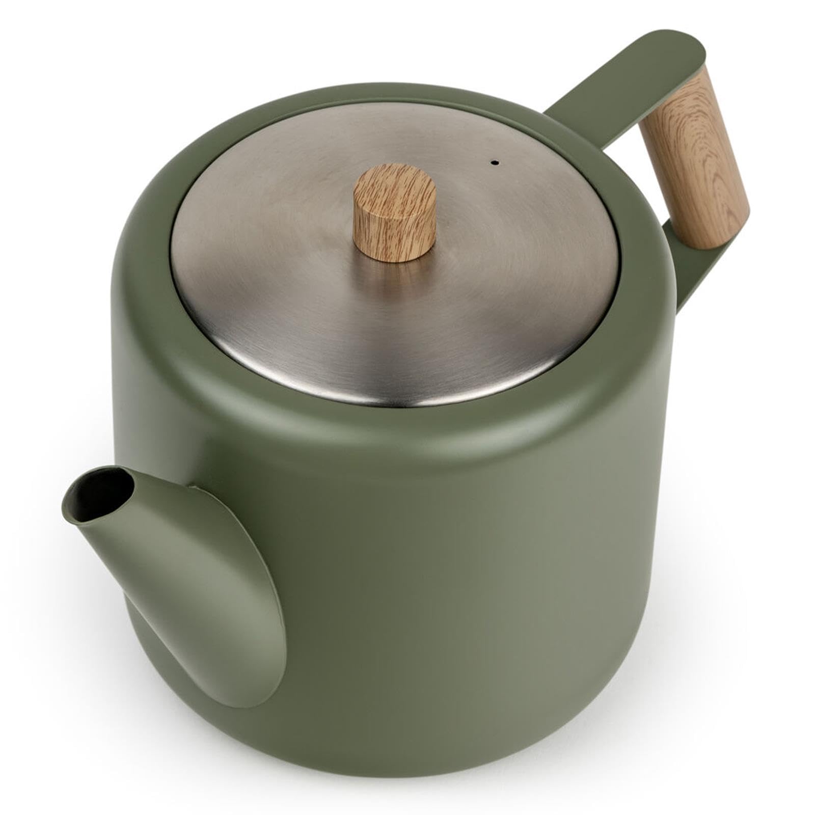 Bredemeijer grüne Edelstahl Teekanne 1.1 Liter - Griff in Holzoptik - doppelwandige Retro Kanne - für längeren, warmen Teegenuss