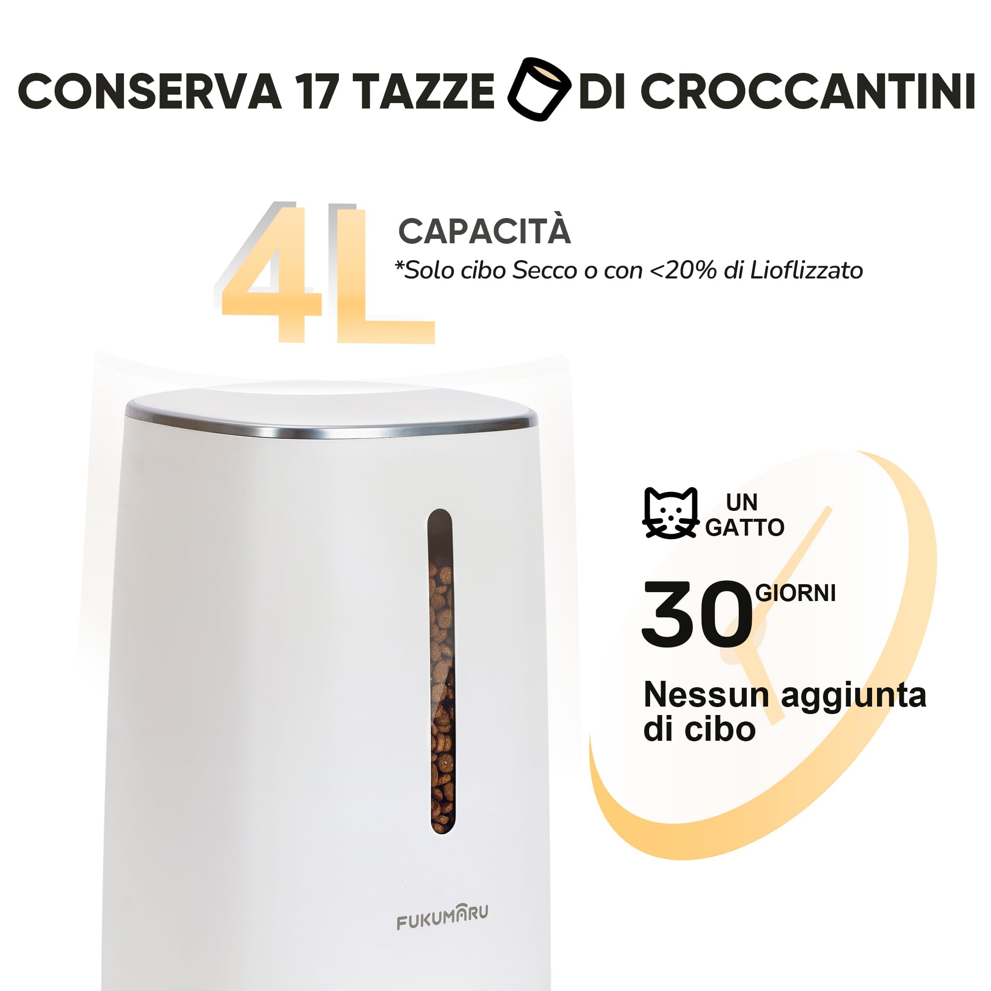FUKUMARU Distributore Automatico Cibo Gatti, 4L Distributore Cibo Cani con 2 Ciotole in Acciaio Inox, 10 Pasti al Giorno e Controllo del Timer,Consumato per Circa 20 giorni.2.4G WiFi. USB e Batterie