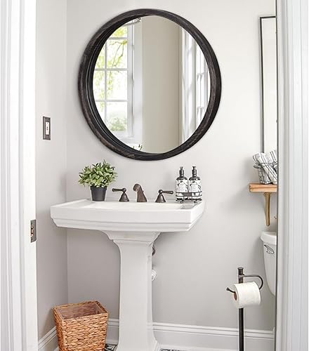 Miniatura 19 de JJUUYOU Espejo circular de pared redondo para baño, espejo de tocador marrón rústico, pequeño círculo decorativo para pared, marco de madera, espejo