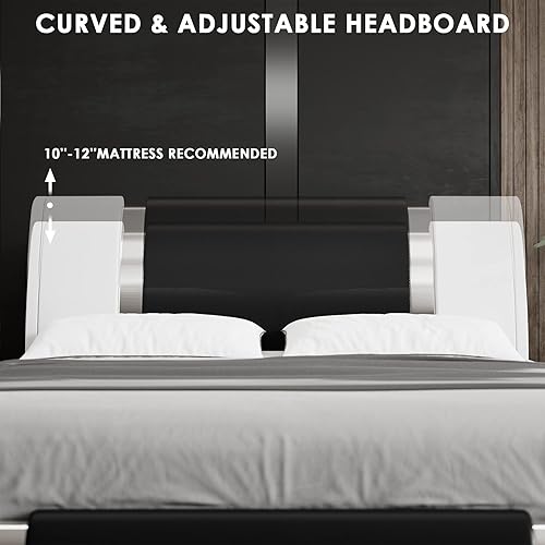 Miniatura 36 de TTVIEW Moderna base de cama tapizada de piel sintética con decoración de metal de hierro, cabecera curvada ajustable, soporte de listones de madera,