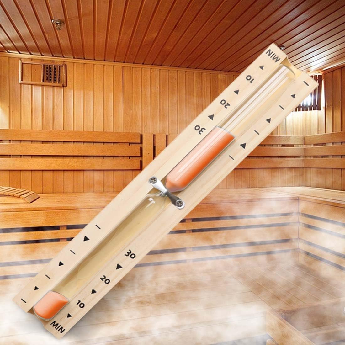 Sanduhr Sauna, Sanduhr 30 Minuten, Orange 30 Minuten Hölzerner Sand, Drehung der Dhamuhr, Reldo De Arena, ist mit Zeitgläsern im Zeitkanal Sandale und Baloo Betäubt