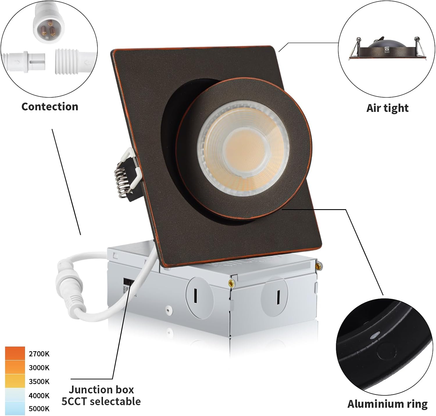 KnLnny Ware Square Gimbal Recessed Lighting 4 Inch 6 Pack, Ajustable Eyeball recessed Light with Junction Box,5 Color Selectable,Airtight,9W 750LM,Dimmable,Bronze