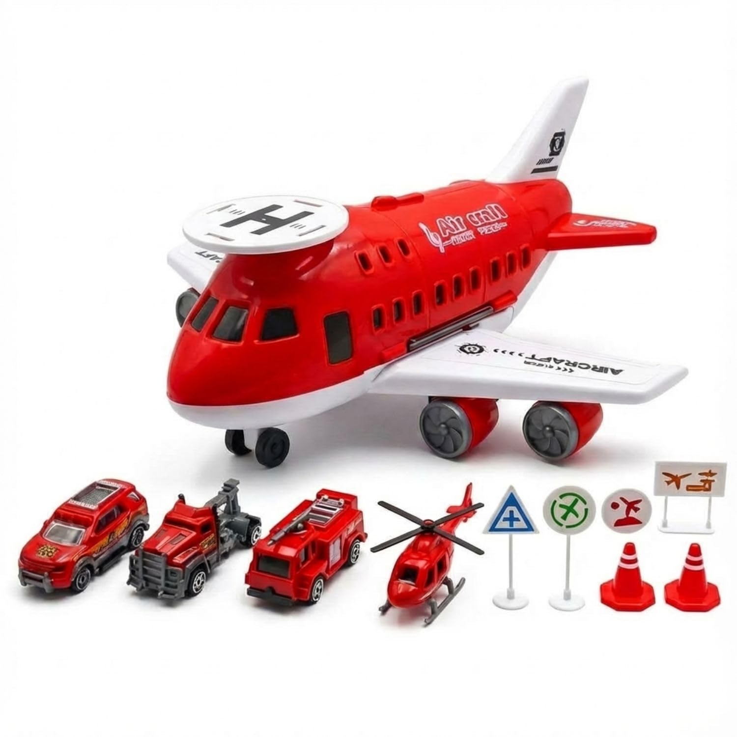 FunBlast Fire Rescue Airplane Toy Set – Big Aircraft with 4 Fire Vehicles, Helicopter, Road Signs & Cones, DIY Firefighter Playset for Kids, Educational Role Play Toy for Boys & Girls (Red)-image-44