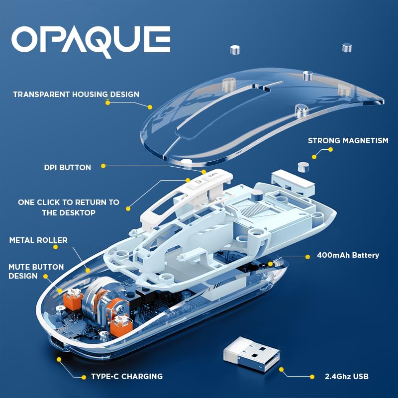 Image of iVOOMi Opaque Blue Rechargeable Wireless Mouse, Dual Mode (2.4GHz + BT), Dual Bluetooth, Silent Operation, Transparent Body, RGB, Battery Indicator, Compatible with Win /Mac /Linux /Android