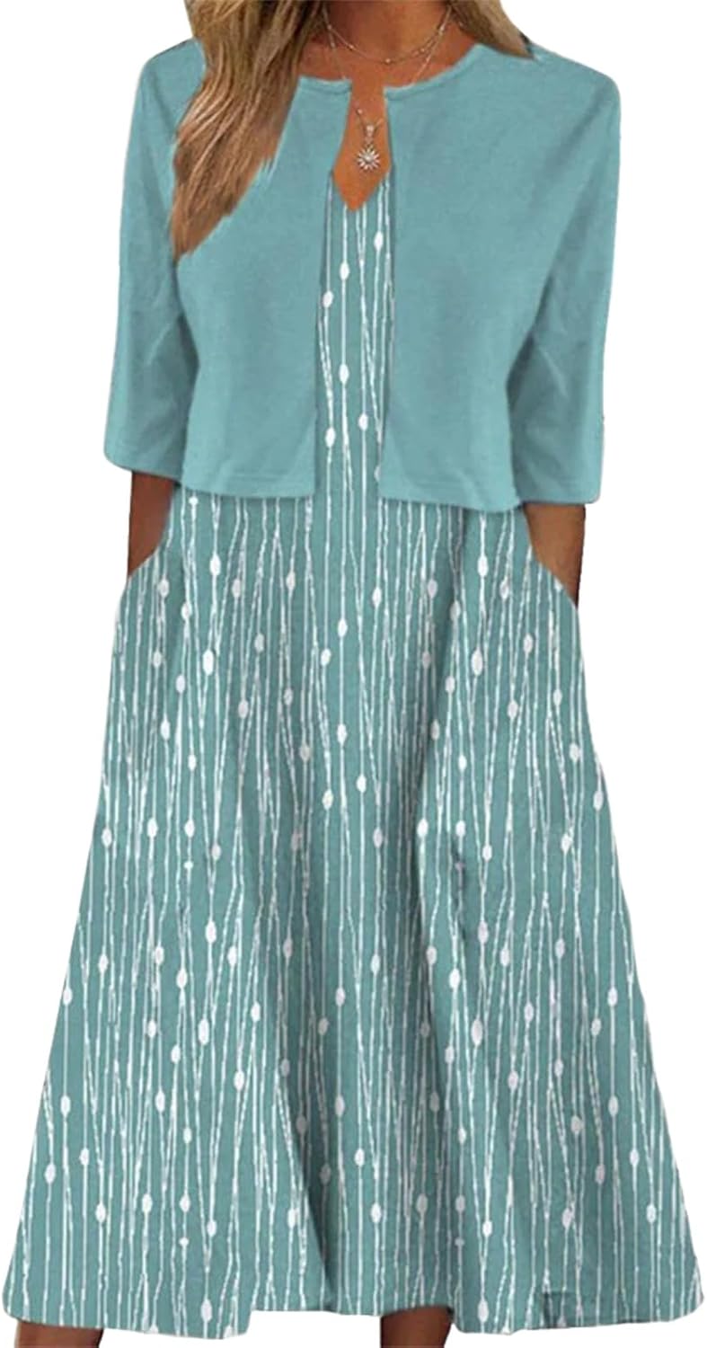 XNC Womens 2 Piece Set Fashion Fresh Plant Print Midi Dress V-Neck Half Sleeve with Jacket A-line Dresses Lounge Outfits X-Large Blue1