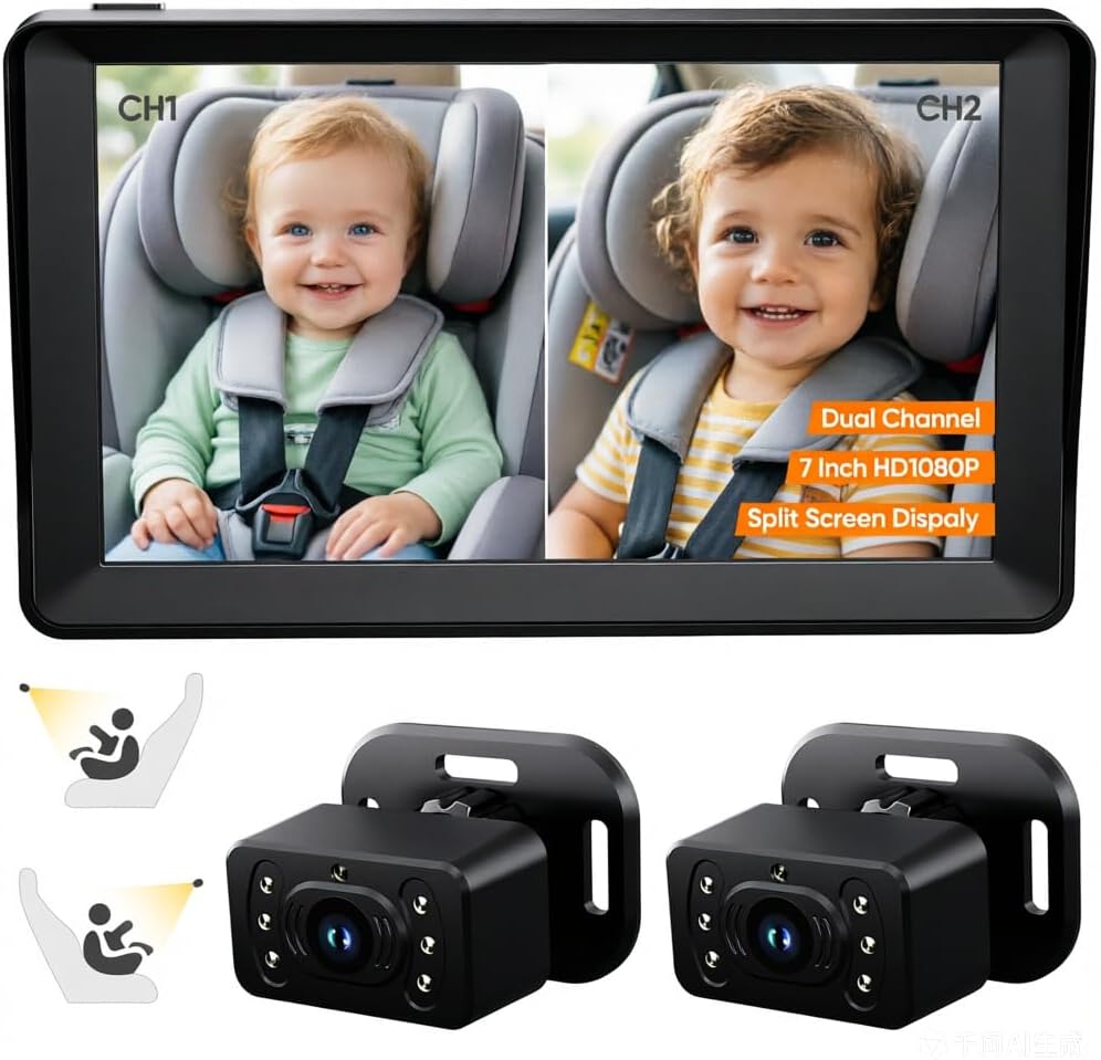 Kidsneed Dual Baby Car Camera for 2 Kids - 7" 1080P HD Split Screen Baby Monitor with 2 Wide Angle Lenses, 360° Rotation & Night Vision, Easy Install Rear Facing Car Mirror for SUV, Van, Truck