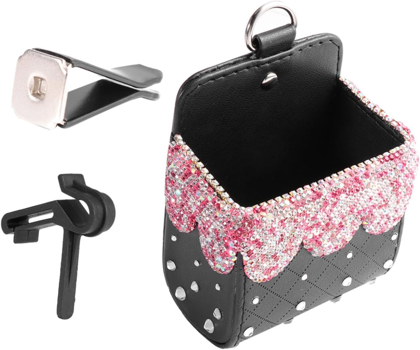 Abaodam Car Seat Storage Bag with Rhinestone Decoration, Pink Leather Car Outlet Pendant Organizer, Multifunctional Mobile Phone Hanging Pouch for Vehicle Interior Accessories