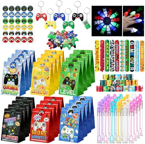 Gemscream 150 Pcs Video Game Party Favors Gift Bags Game Theme Slap Bracelets Gamer Controller Keychains Bubble Wands LED Finger Lights DIY Stickers Boys Girls Video Game Birthday Party Supplies Gift