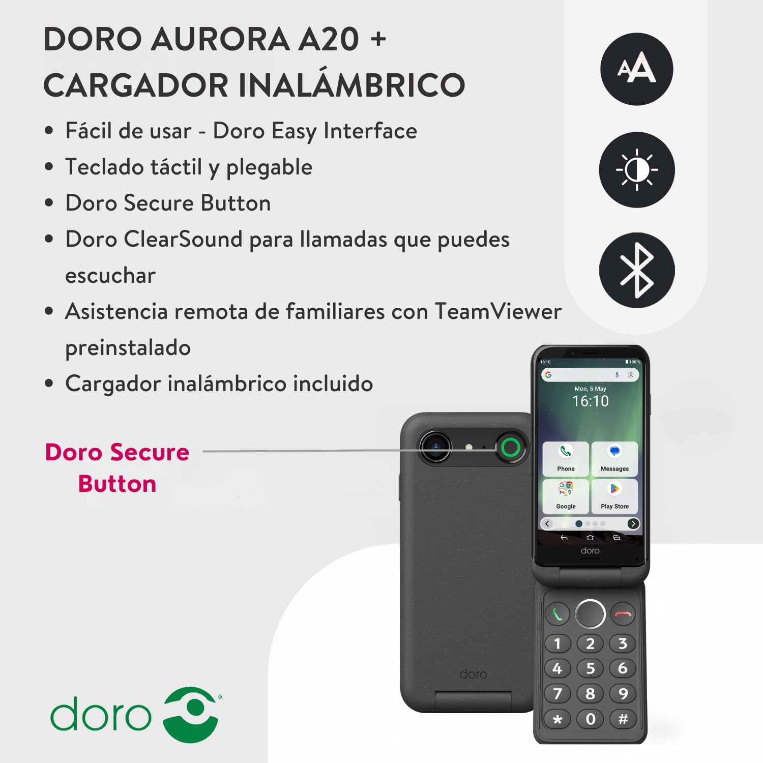 Doro - Pack Smartphone Aurora A20 - Base de Carga inalámbrica - Teléfono móvil con Tapa para Personas Mayores - Botón de Asistencia - GPS - Compatible con audífonos - Cable USB Incluido - Grafito
