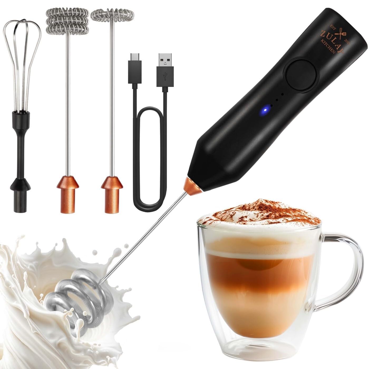 Zulay Kitchen Rechargeable Milk Frother Handheld - Frother Wand, Drink Mixer, Electric Whisk Frother, for Cappuccinos, Matcha &amp; Protein Powder - Dynamic 3 Whisk, 3 Speed 500mAh Black Copper
