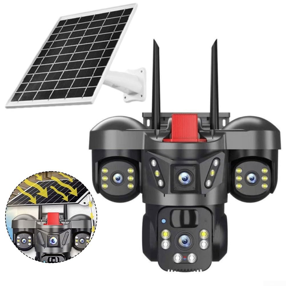 EasyByMall 360°-Funküberwachungskamera, Solar-mit DREI Linsen, 4 K Außen-Überwachungskamera mit doppelter Erkennung, Mensch/Auto/Bewegungserkennung