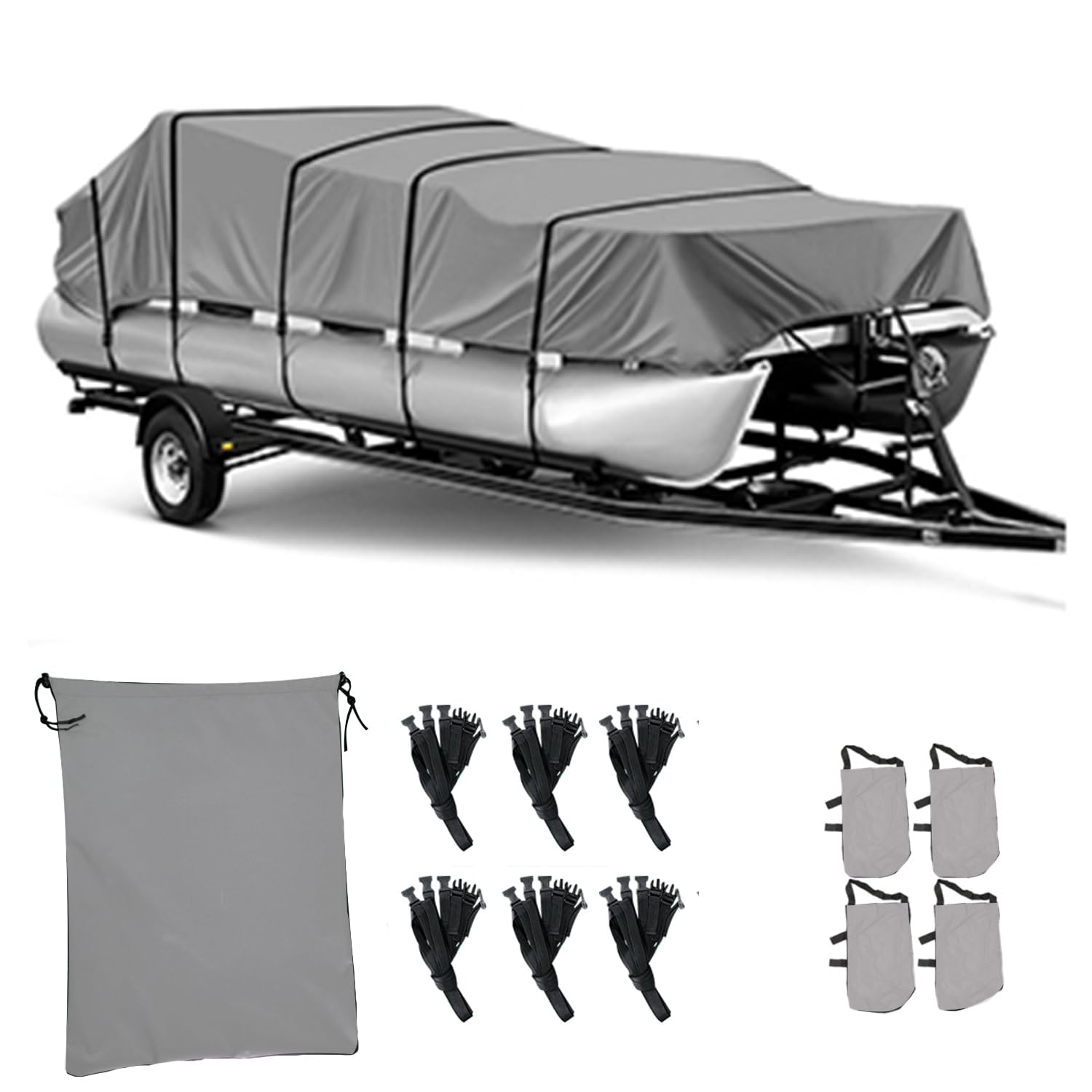 Pontoon Boat Covers21 22 24 ft Waterproof PU Coating Marine Grade 210D Polyester UV-Proof with Windproof Buckle Straps Trailerable Boat Cover (Grey, Size: Length 21-24 ft,Beam 102'')