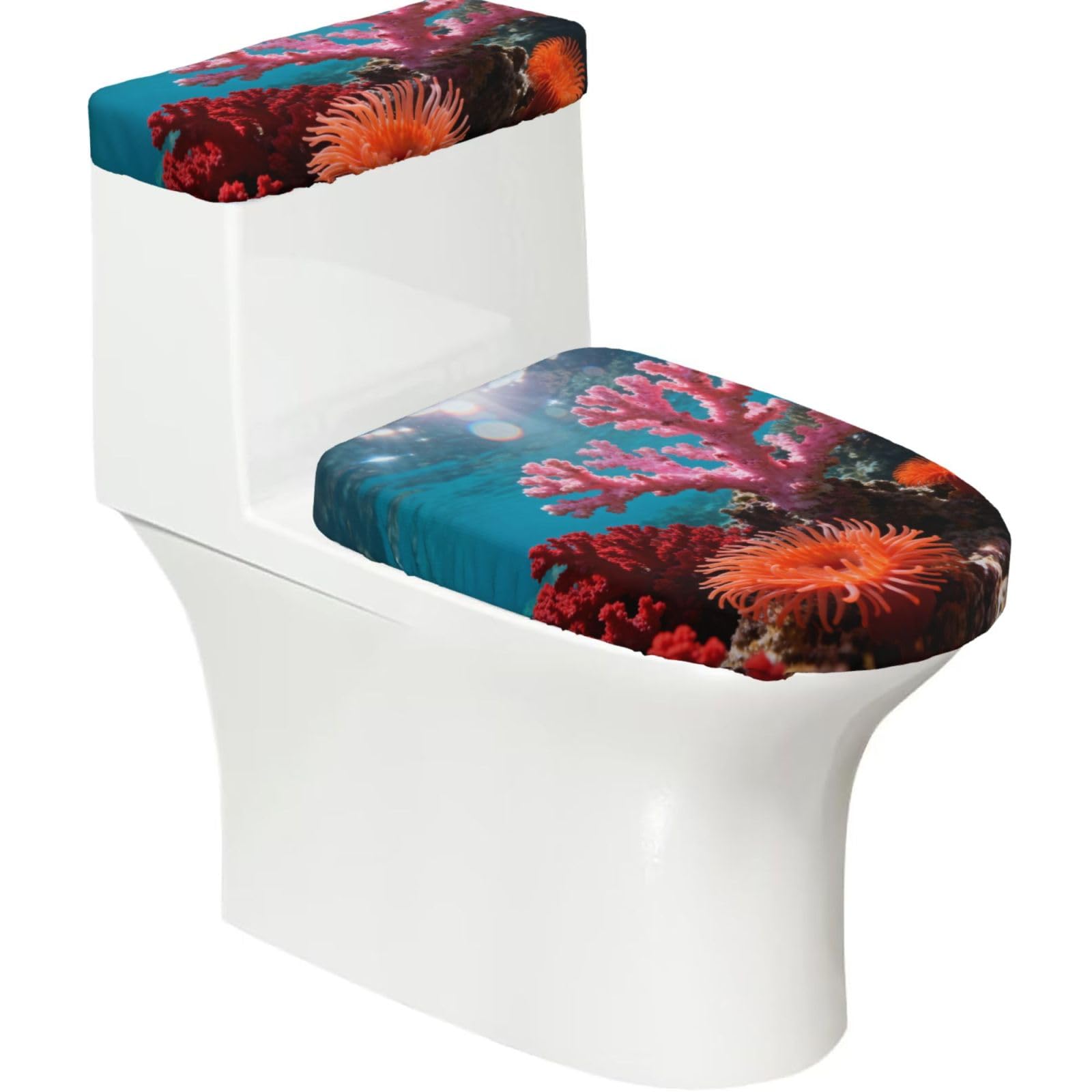 Cntdbu Black Coral Reef Pink Stretchy Toilet Lid And Tank Cover Set-Soft Elastic Bathroom Decor For U Shape Oval