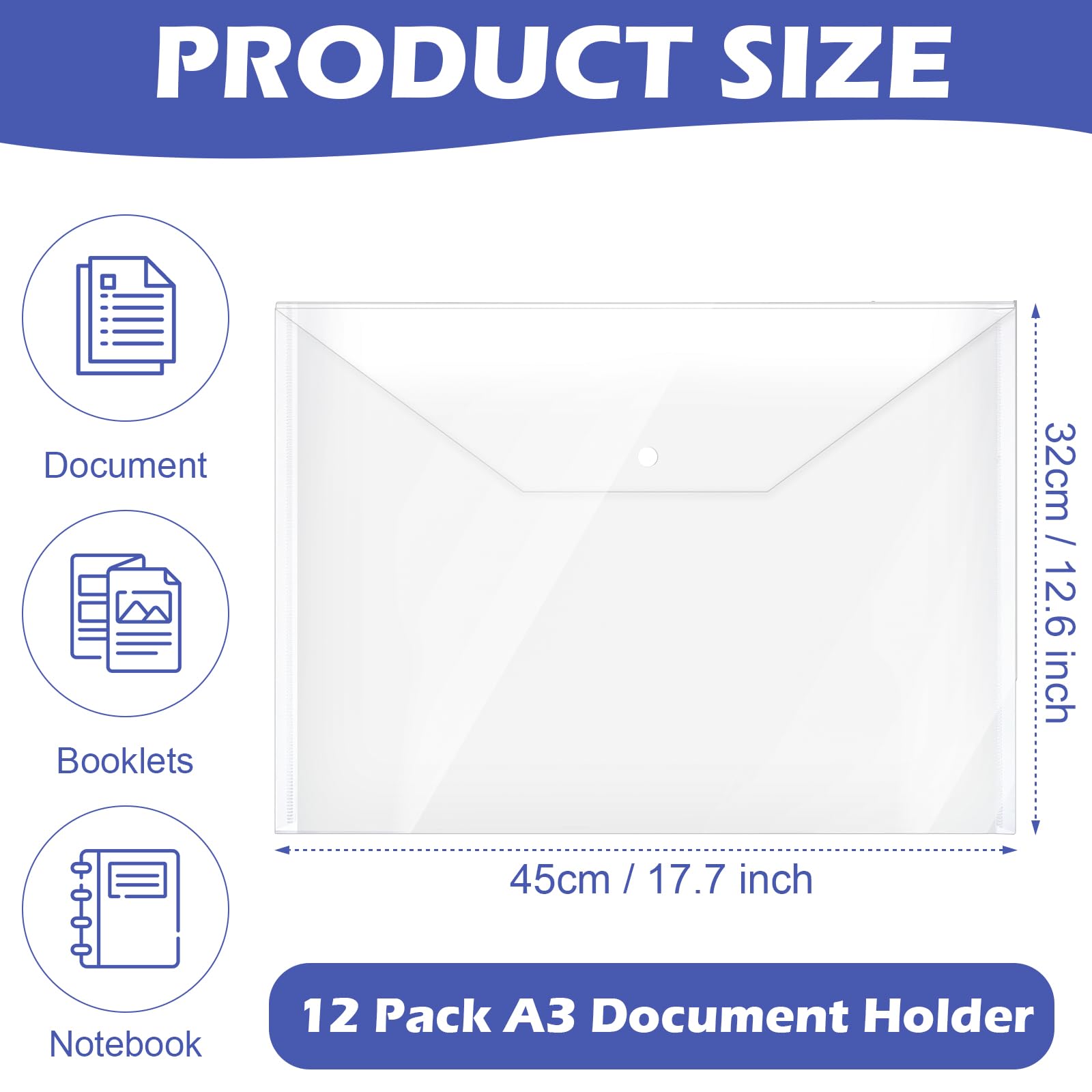 12 Pack A3 Clear Plastic Wallets Transparent A3 Press Stud Wallets Document Holder Waterproof Plastic Wallet Folder Envelope Folders Landscape Document Organizer for Office School Home - Image 2