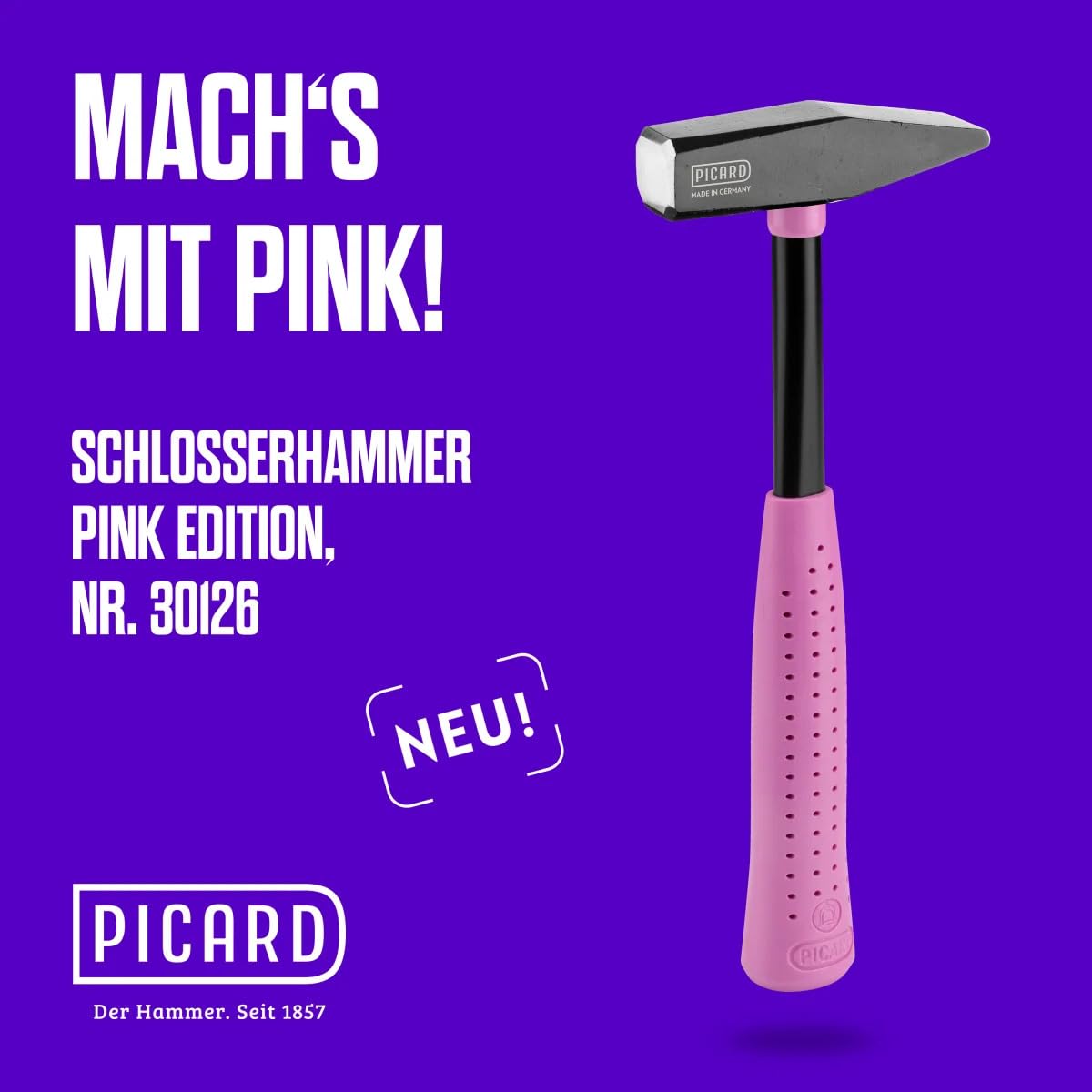 PICARD Schlosserhammer 300g RS Pink Edition | Montage-Hammer 300g Kopf mit 1 Komponenten-Griff & C45 Stahlrohrstiel | Hammer klein | DIN 1041 & VPA/GS Geprüft | Handwerkzeuge für Bau & Industrie