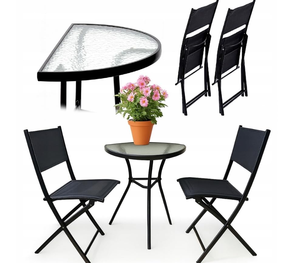 BDW Juego de muebles de balcón, mesa de cristal de 70 x 40 cm con 2 sillas plegables, perfecto para espacios pequeños, terraza, balcón, parcela, color negro