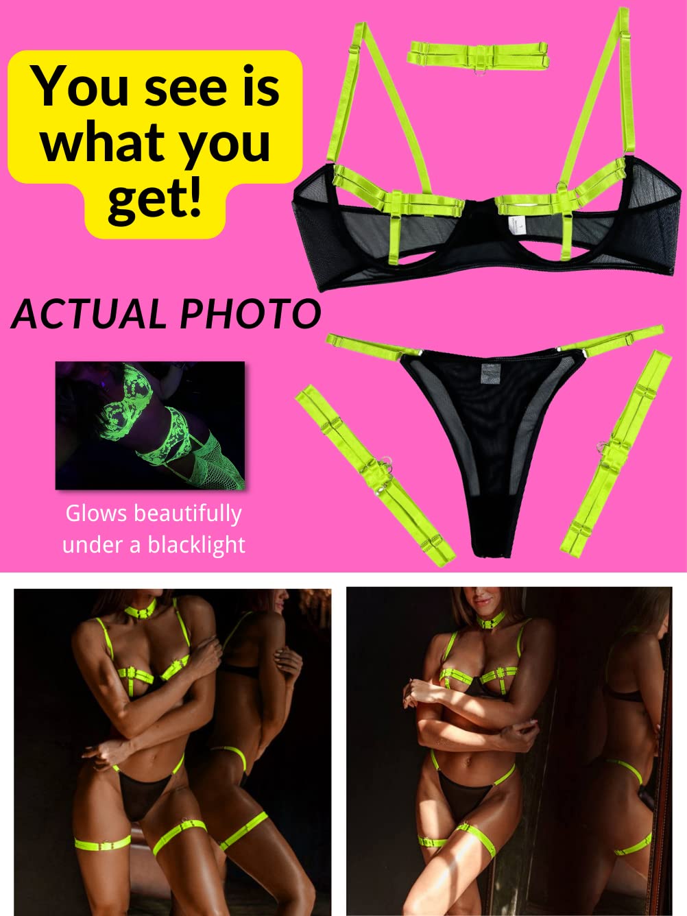 Kaei&Shi Glow Under Black Light, Party Boudoir Outfits, 4PC Peekaboo Lingerie: 0-2 Neon Green