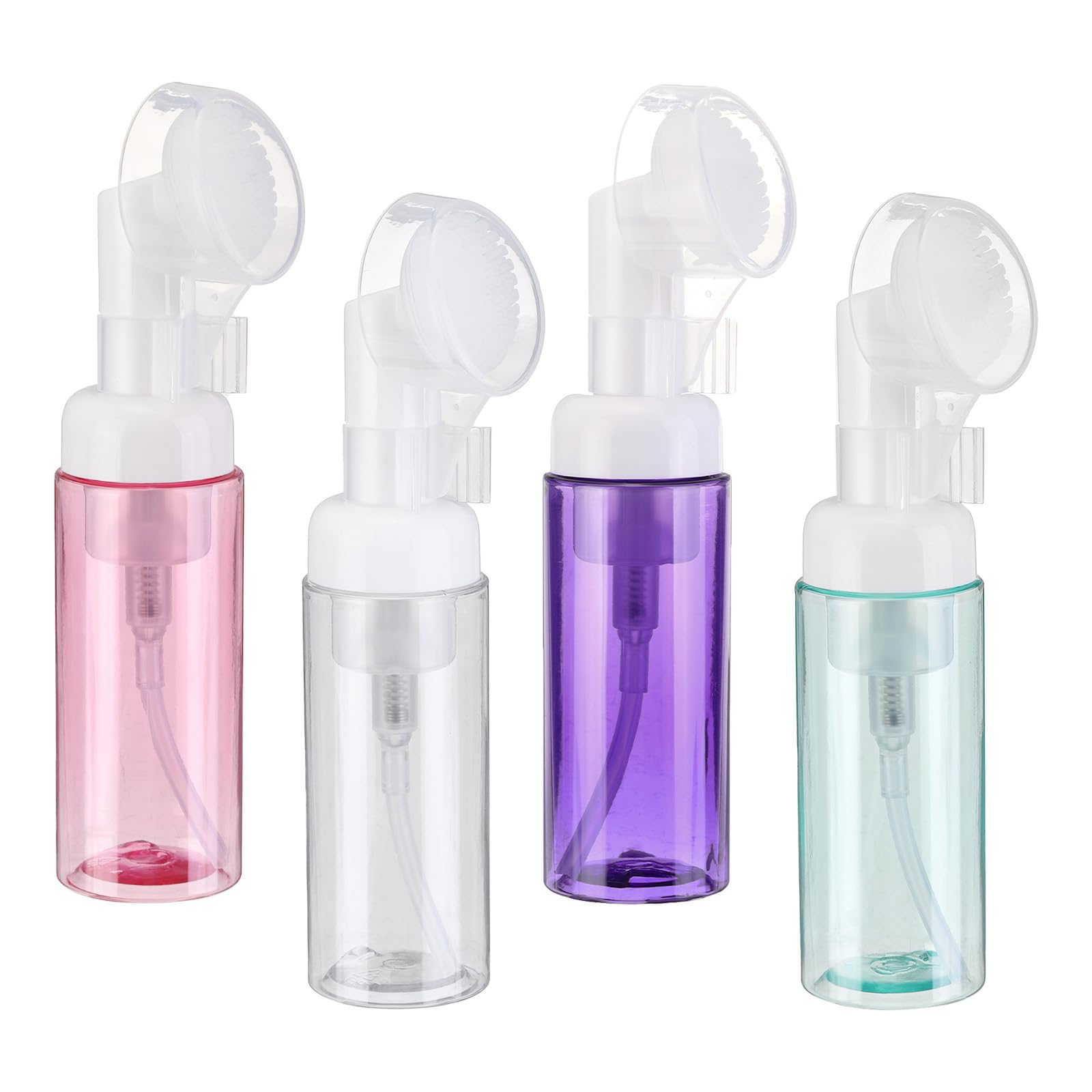 uxcell 4Pcs Empty Foaming Soap Dispenser, 2oz / 60ml Facial Cleanser Foam Bottle with Brush for Hand Soap, Clear/Clear Purple/Clear Green/Clear Red