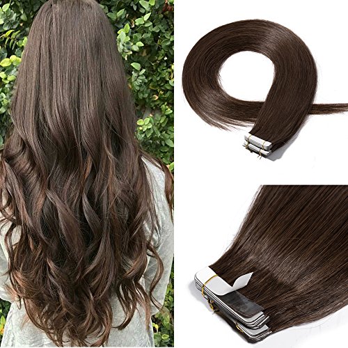 16" Remy Tape in Hair Extensions Human Hair #4 Medium Brown Thin Long Straight Hair Seamless Skin Weft Invisible Double Sided Tape 20pc/pack 30g +10 Free Tape Bonds