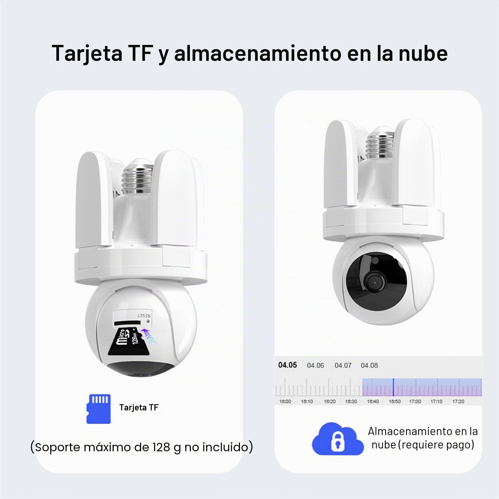 3MP Cámara Vigilancia WiFi Interior/Exterior, 355° PTZ Cámara Bombilla | Con Bombilla, Visión Nocturna Hasta 15 M, Audio Bidireccional,Autoseguimiento, Admite Tarjeta SD
