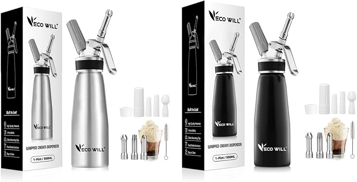 2 Pack Professional Whipped Cream Dispenser, Durable Aluminum Cream Whipper with 2 Sets of Stainless Steel and Plastic Tips & Cleaning Brush,1-Pint / 500 mL