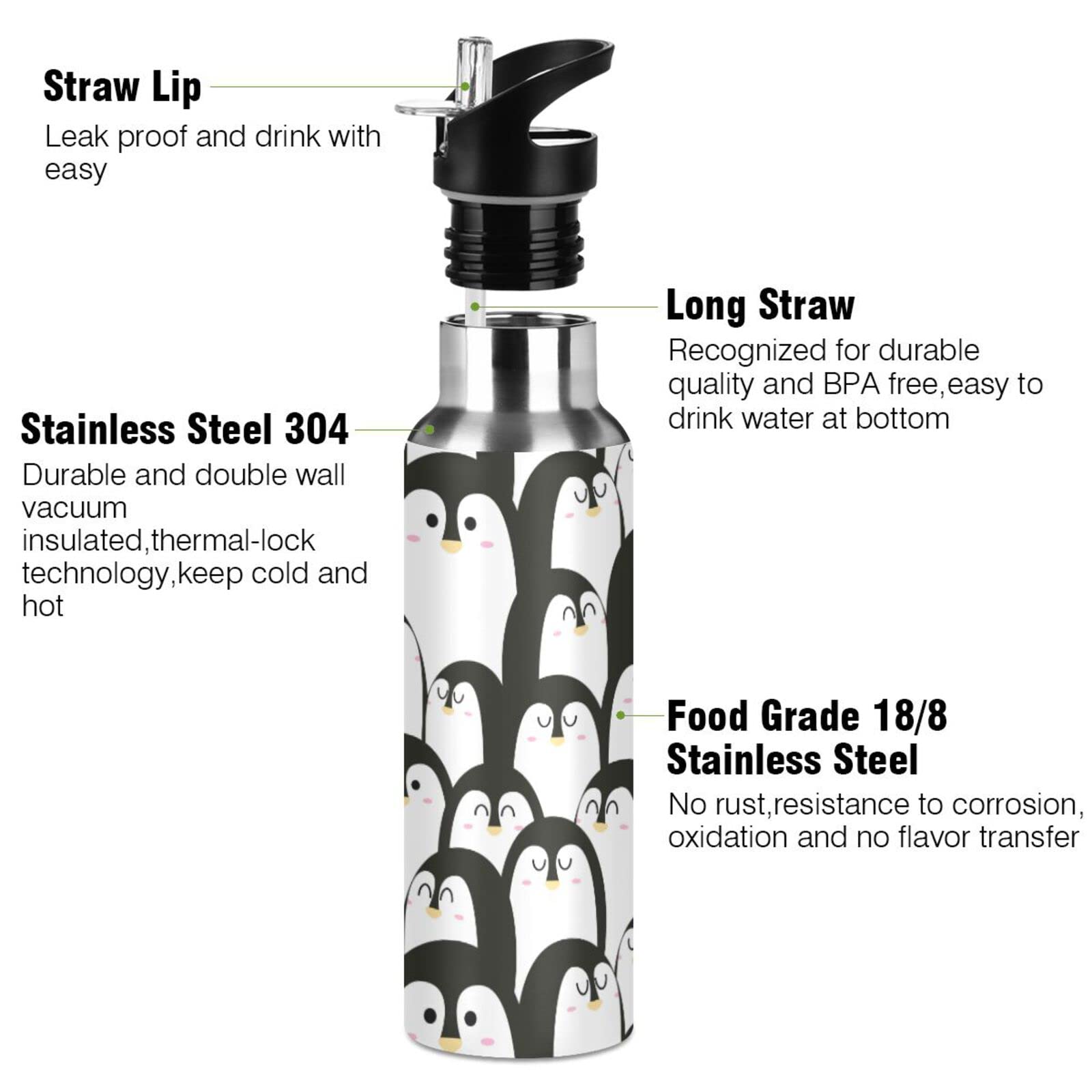 Penguin Black White Water Bottle Drink Flask with Straw Lid Leakproof Insulated Stainless Steel Thermos Bottle for Boys Girls Gym Sports 600 ml - Image 4