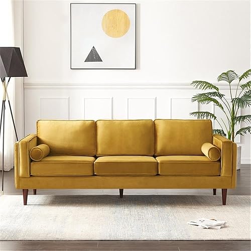 Miniatura 2 de Hudson Living Room - Sofá moderno de terciopelo con respaldo de almohada de mediados de siglo, color amarillo oscuro