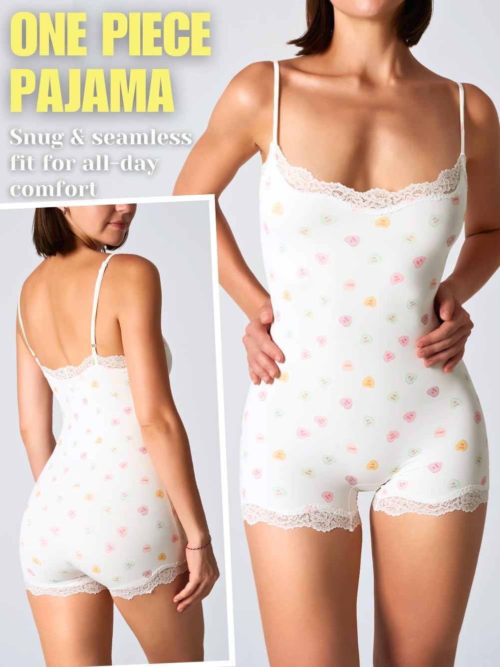 Women's Trendy & Ultra Soft Shorts Romper, Lace Trim Spaghetti Bodysuit Top from Lounge to Going Out (Fits 0-12) - Image 2