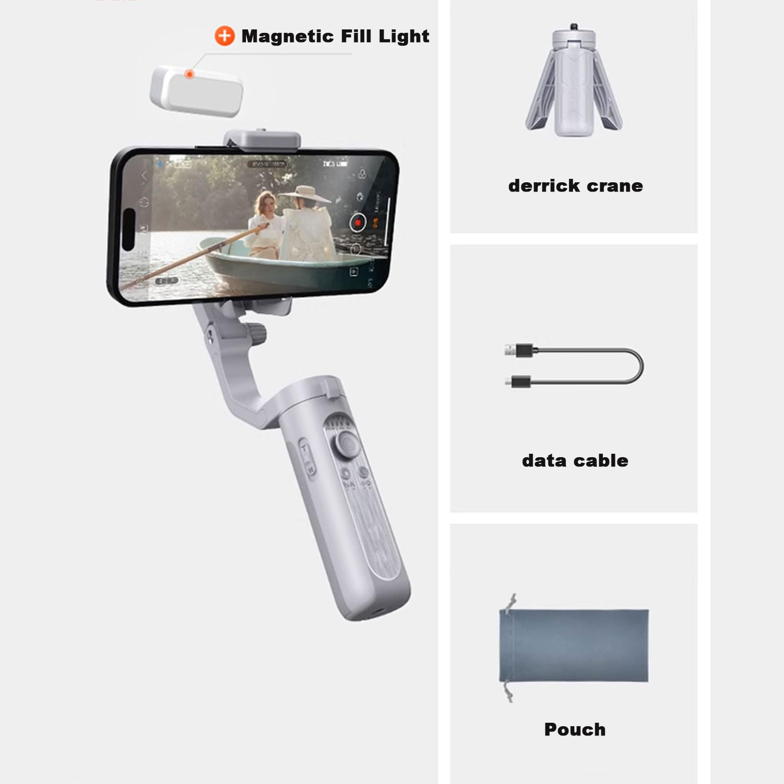Stabilisateur de cardan, trépied pour perche à selfie avec lumière de remplissage, stabilisateur de cardan à 3 axes pour smartphone, téléphone, appareil photo, stabilisateur pour enregistrement vidéo