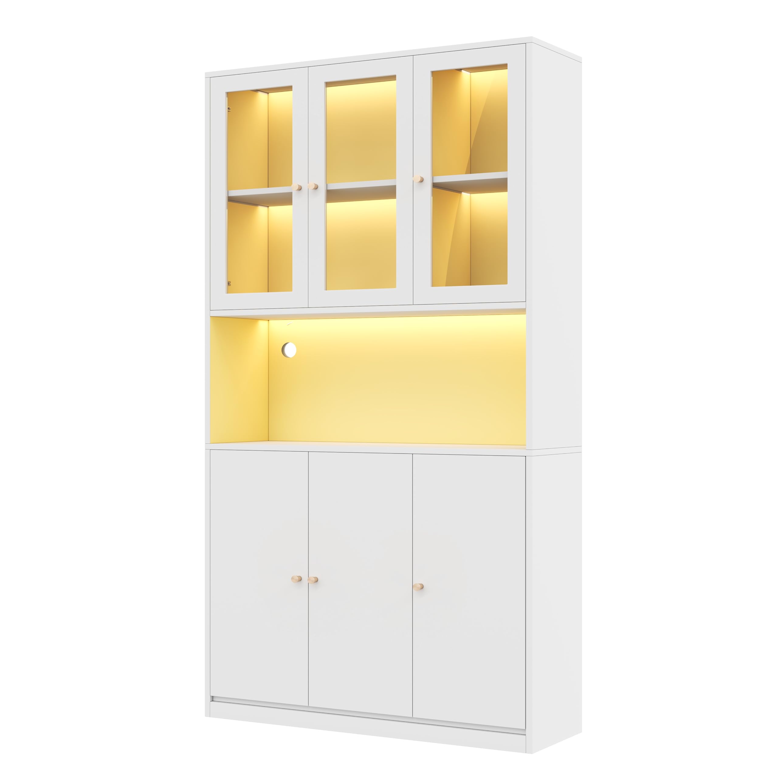 Vitrina LED, Vitrinas de Cristal con Espacio de Almacenaje, Alacena de Cocina con 6 Puertas, Mueble Auxiliar con Gestión de Cables, Vitrina Expositora Armario Alto, 100x35x200 cm, Blanco