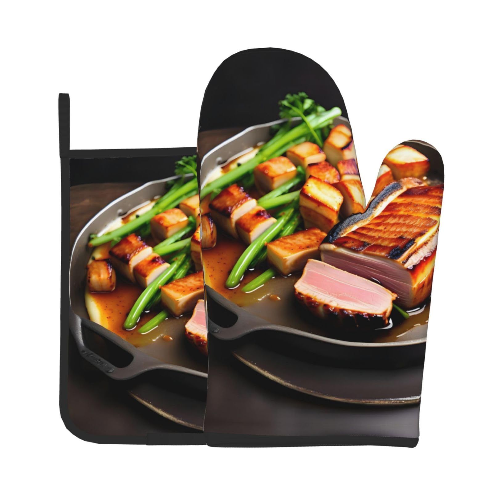 Oven Mitts and Potholders Set of 2 for Kitchen Baking Cooking GrayDelicious Grilled Meat Thick and Durable
