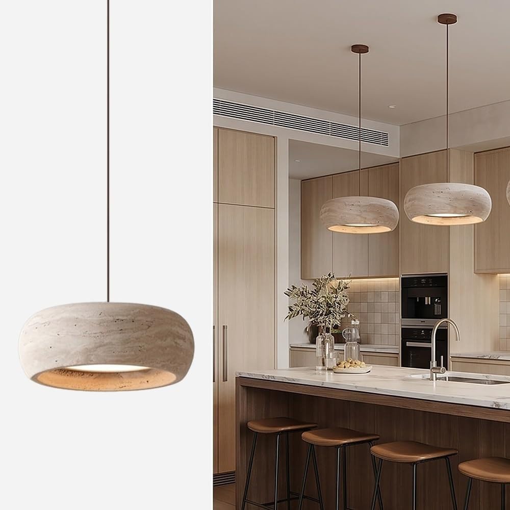 XQIDIANAA 7.87inch Stone Pendant Light,Nordic Wabi Sabi Lamp,Yellow Travertine Wabi Sabi Chandelier for Dining/Cafe/Restaurant, Adjustable Cord Stone Light for Indoor Use