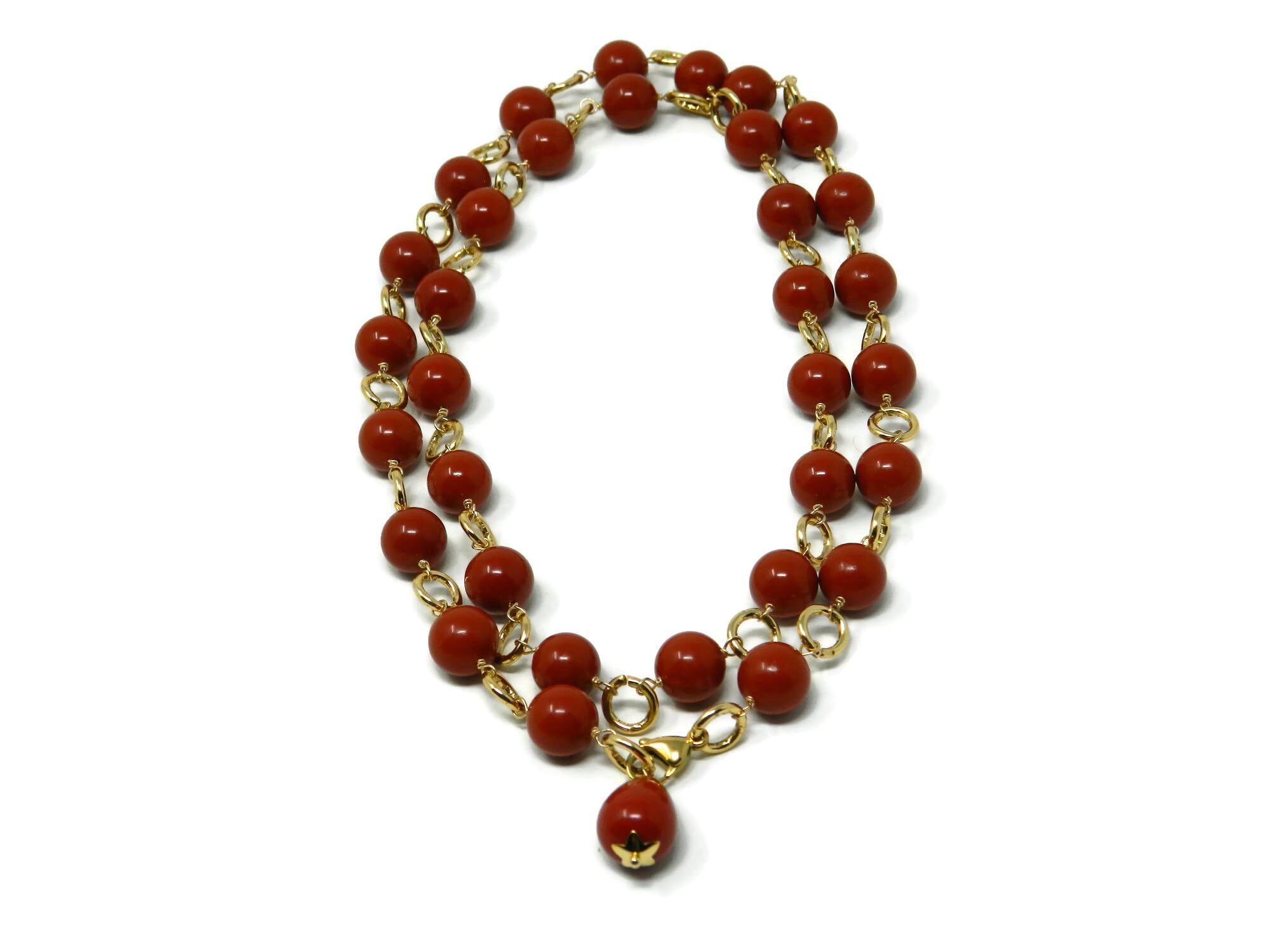 DodiGioielli Collana Lunga Donna con Pasta di Corallo Rosso Sardegna e Anellini Dorati, Goccia Pendente, 92 cm, Made in Italy