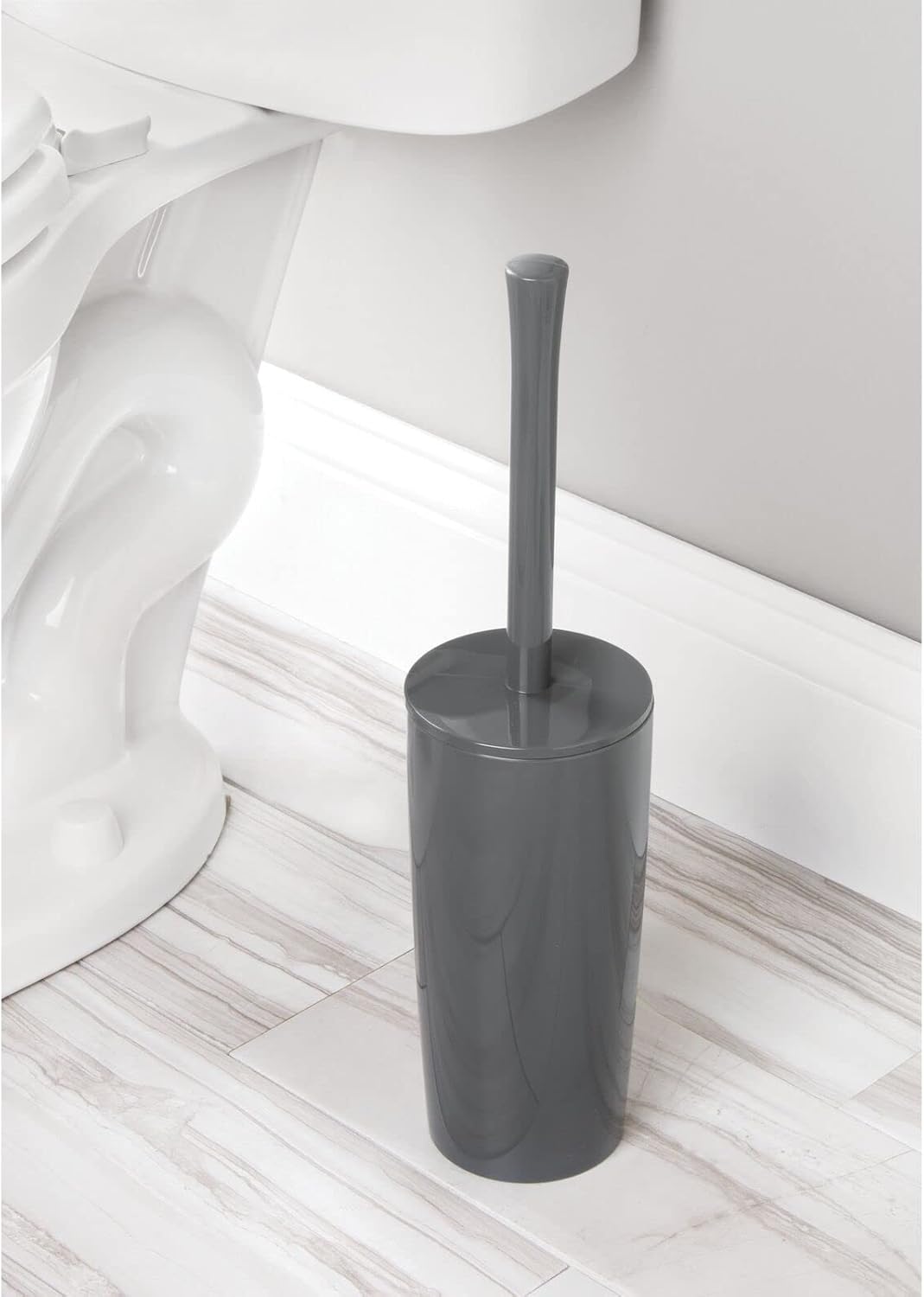 mDesign Slim Plastic Toilet Bowl Brush and Holder Set, Modern Compact Storage Organizer Cleaner Scrubber for Toilet - Heavy Duty Cleaning Plunger for Bathroom, Aura Collection - Charcoal Gray image 3
