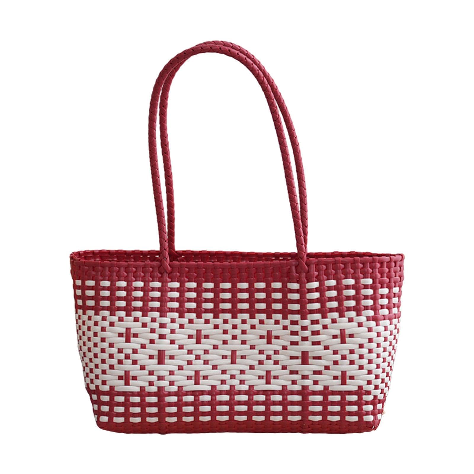 Handwoven Shopping Basket Fashion Hand Woven Tote for Camping Outdoor Travel Red-image-19