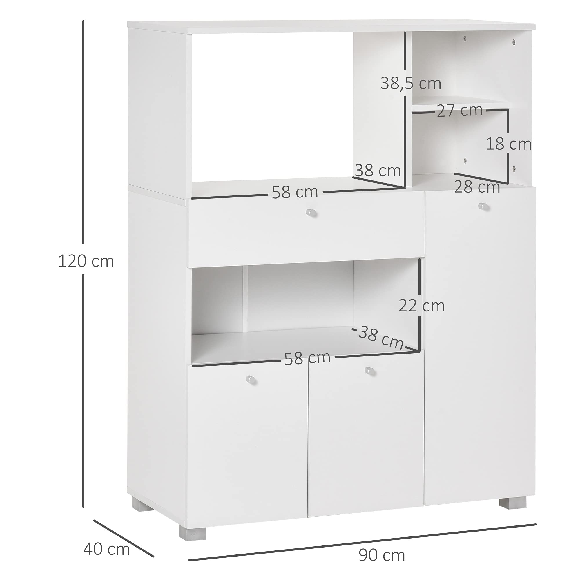 HOMCOM Mueble Auxiliar de Cocina Mueble para Microondas Aparador de Cocina con Cajón Estantes 3 Puertas 3 Compartimientos Diseño Anti-vuelco para Comedor 90x40x120 cm Blanco